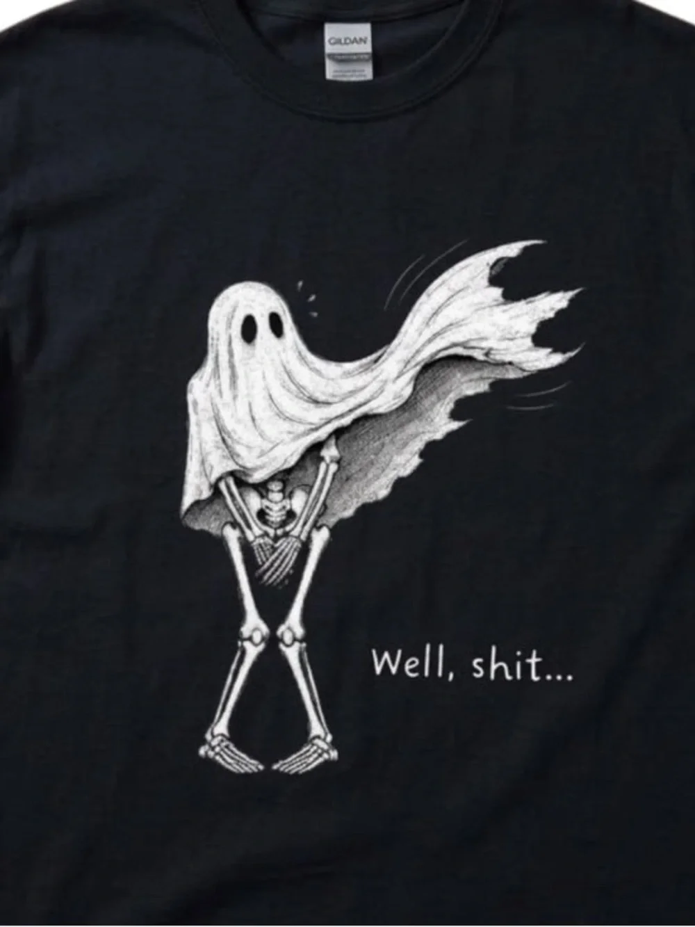 Gildan Black Tee with White Ghost-Skeleton Graphic